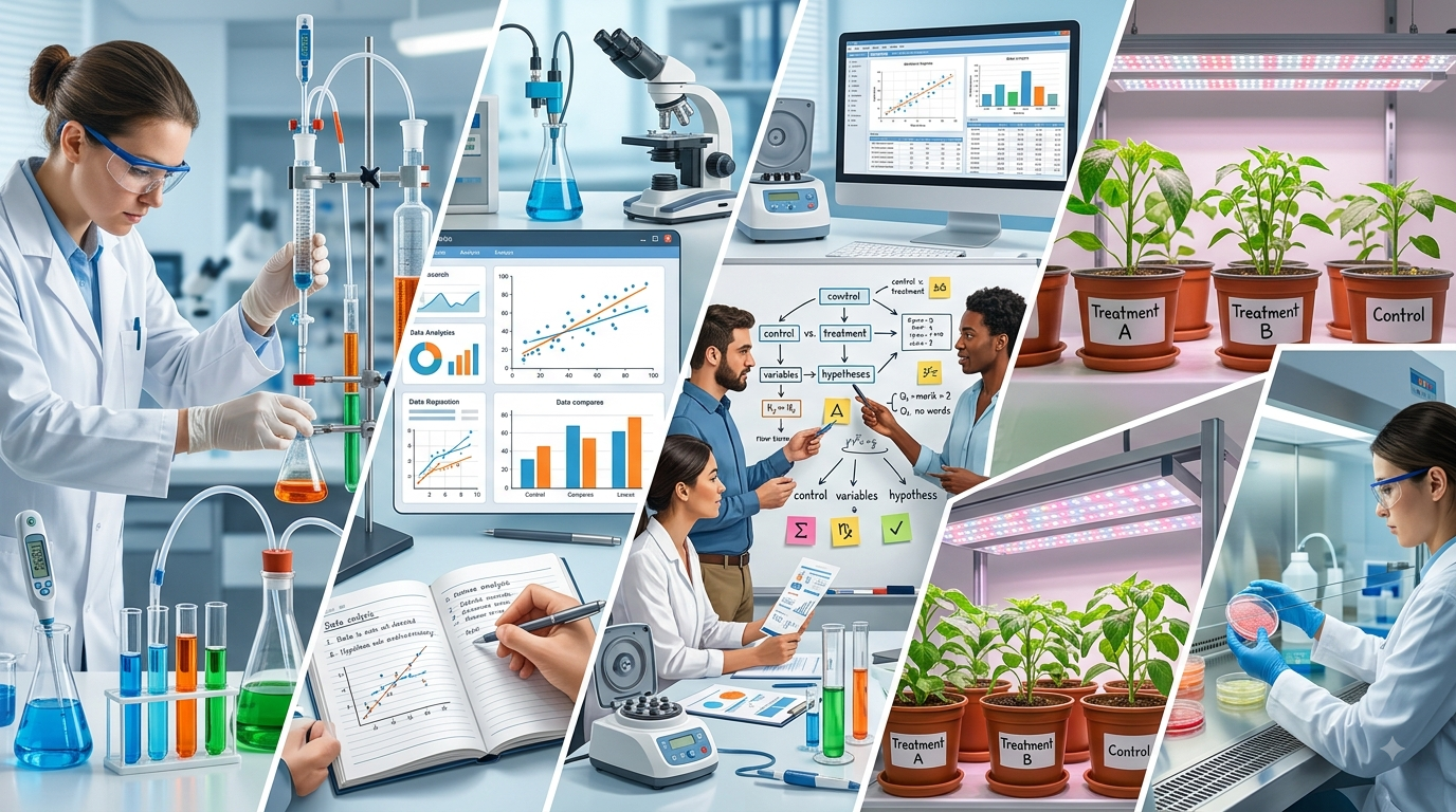 Diferentes cuadros donde se está investigando, experimentación química, analizando resultados, presentando resultados.